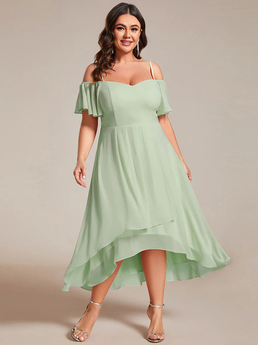Plus Size Chiffon Spaghetti Strap Cold Shoulder Tea Length Wedding Guest Dress