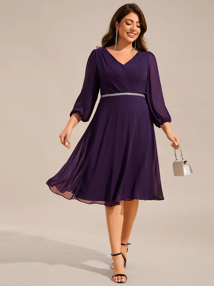 Plus Size Elegant Midi Length Long Lantern Sleeves Chiffon Wedding Guest Dresses