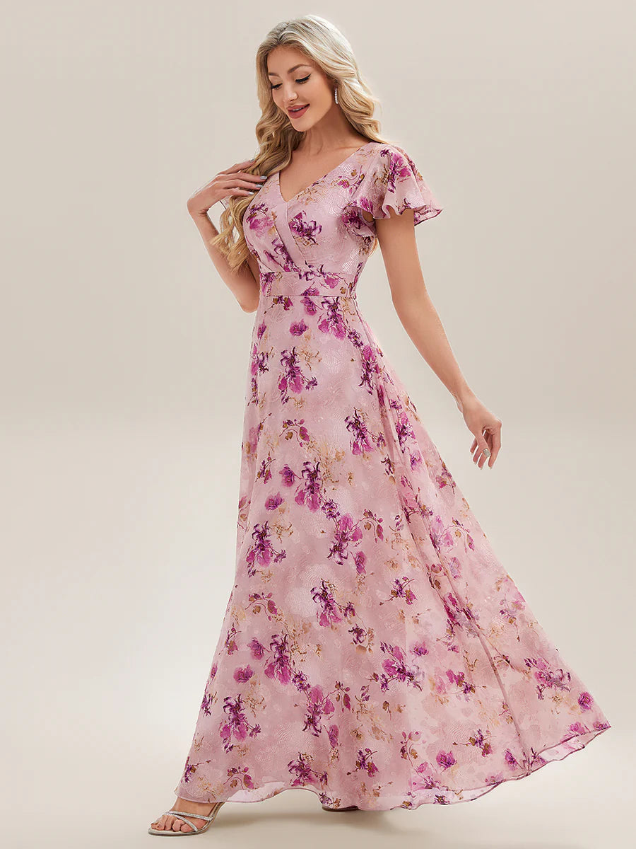 Commercial Wholesale Short Sleeve V-Neck Floral Ruffle A-Line Floor Length Bridesmaid Dresses