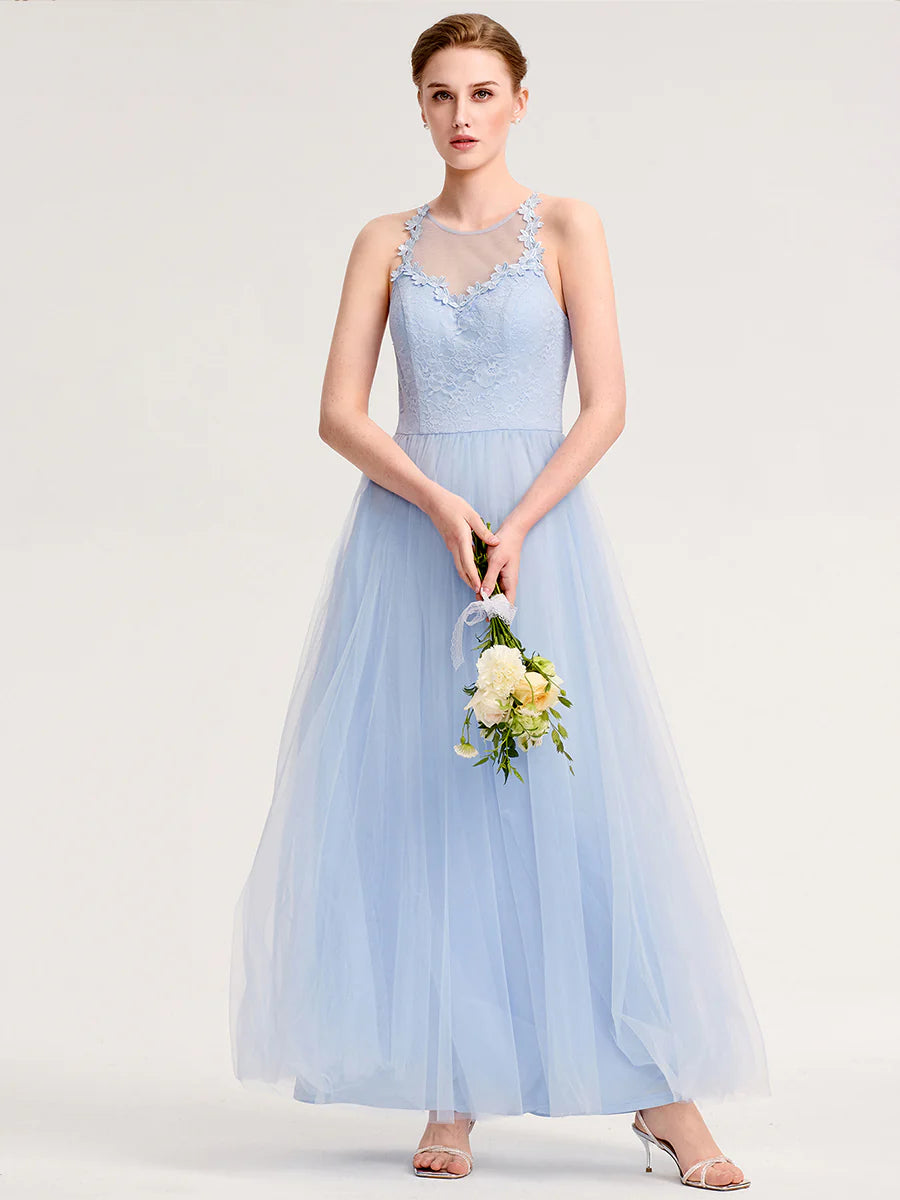 Bulk Order Sleeveless Halter Neck Floral Appliques A-Line Floor Length Bridesmaid Dresses