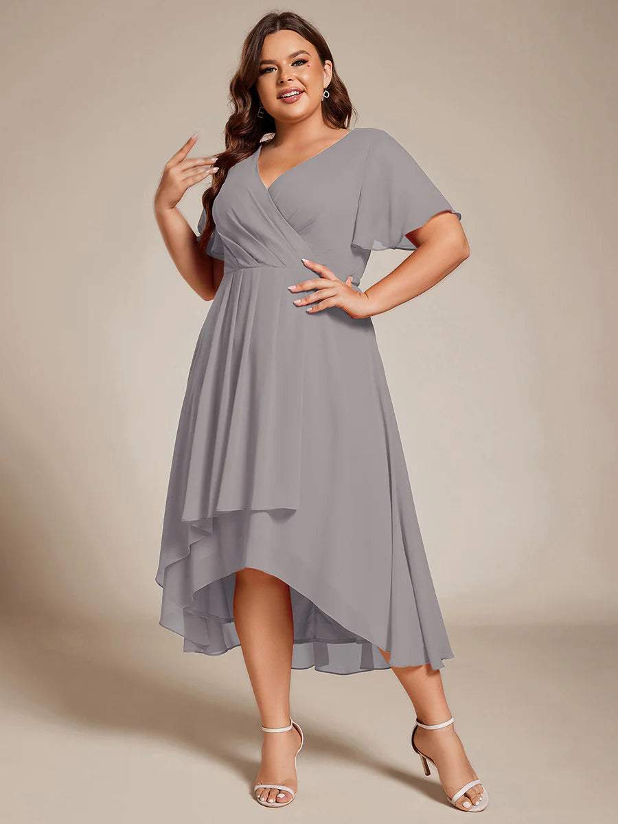 Plus V-Neck Midi Chiffon Wedding Guest Dresses with Ruffles Sleeve