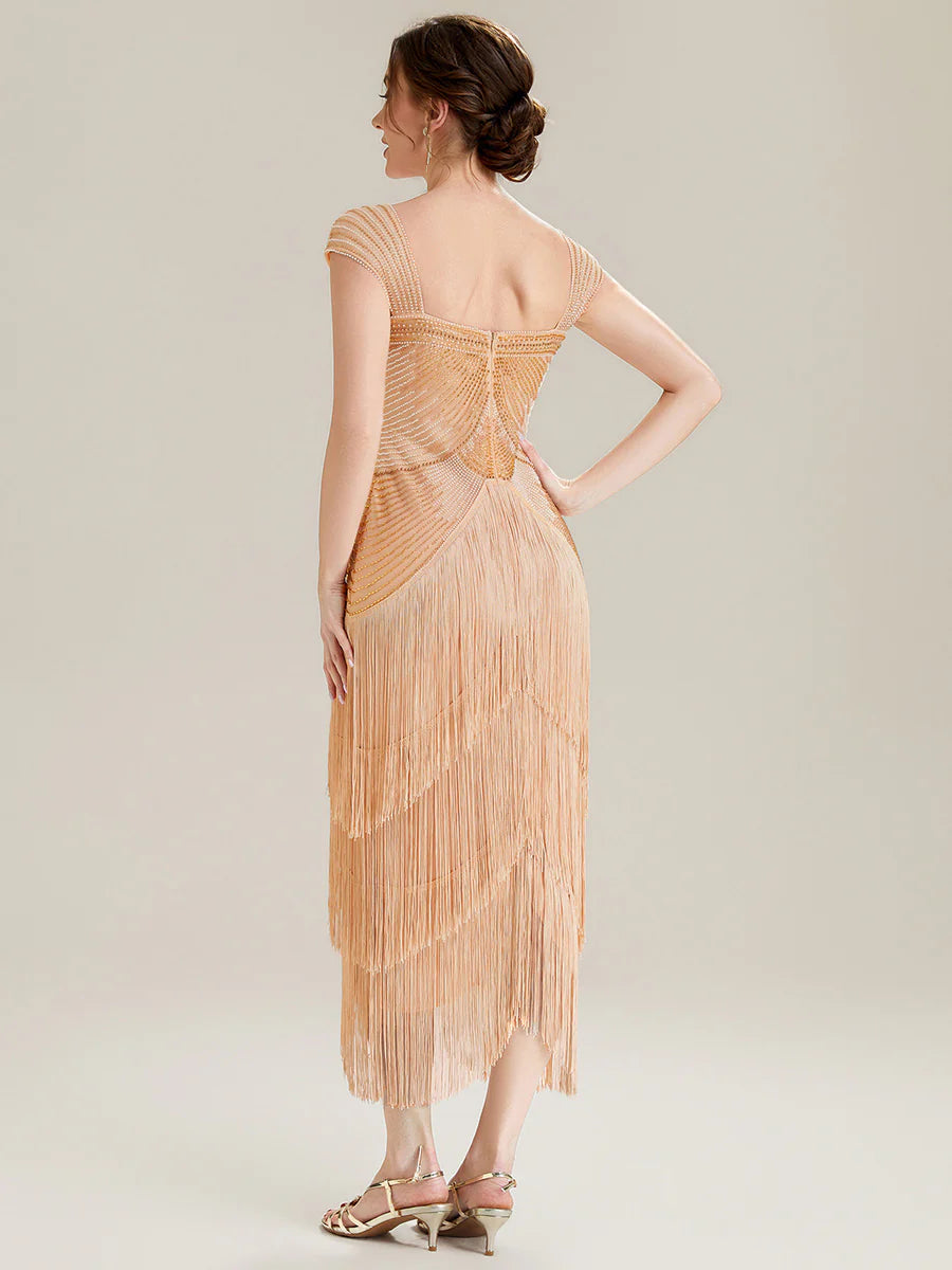 Volume Discounts Strapless Sheath Midi Length Square Neck Beaded Wedding Guest Dress