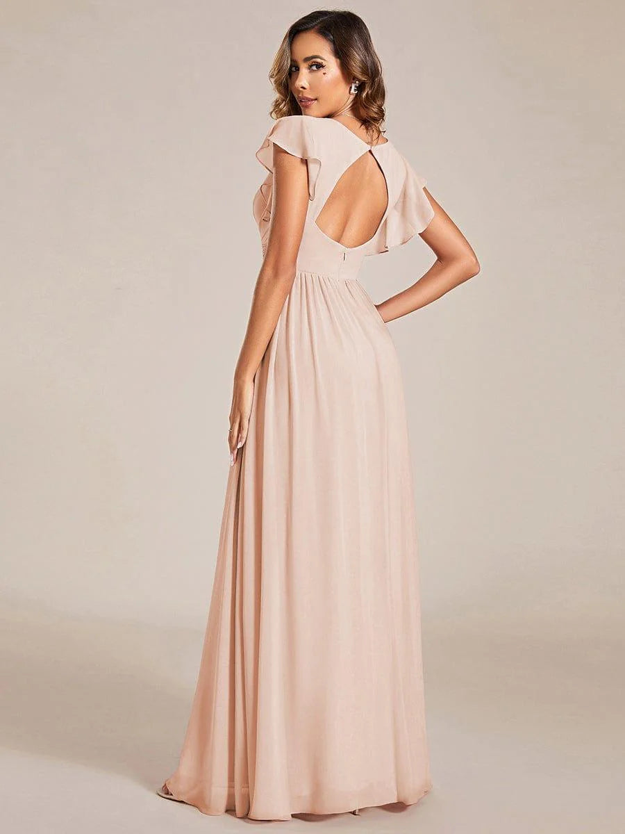 Ever LILYANA|Elegant V-Neck Open Back Ruffled Sleeves Chiffon Bridesmaid Dress