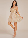 Exquisite See-Through V Neck Spaghetti Straps A-Line Sequin Prom Dresses with Shimmer