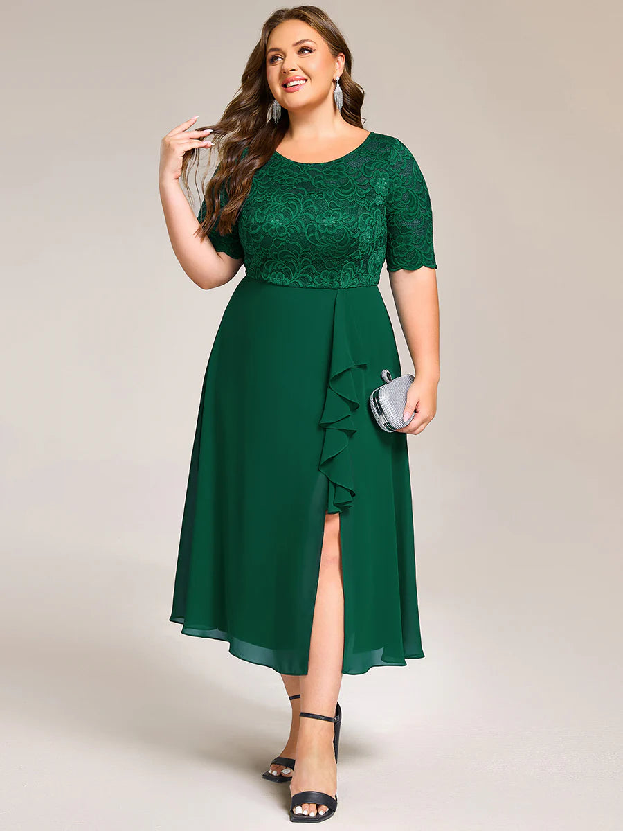 Plus Size Embroidery Split Nine-length Chiffon Evening Dresses