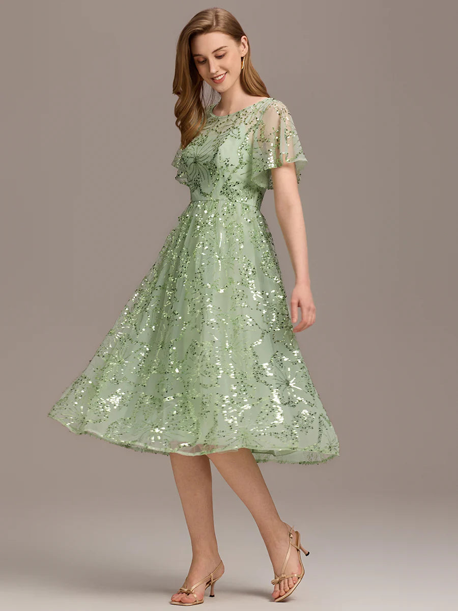 Factory Design Short Sleeve Ruffle Sheer Round Neck A-Line Midi Wedding Guest Dresses