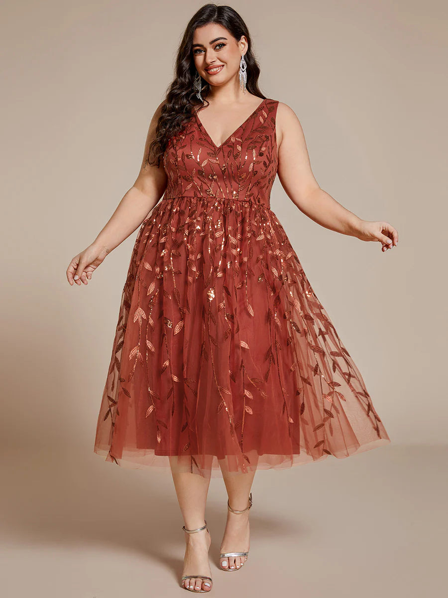 Plus Size V-Neck Sequin Midi Wedding Guest Dress With Sleeveless