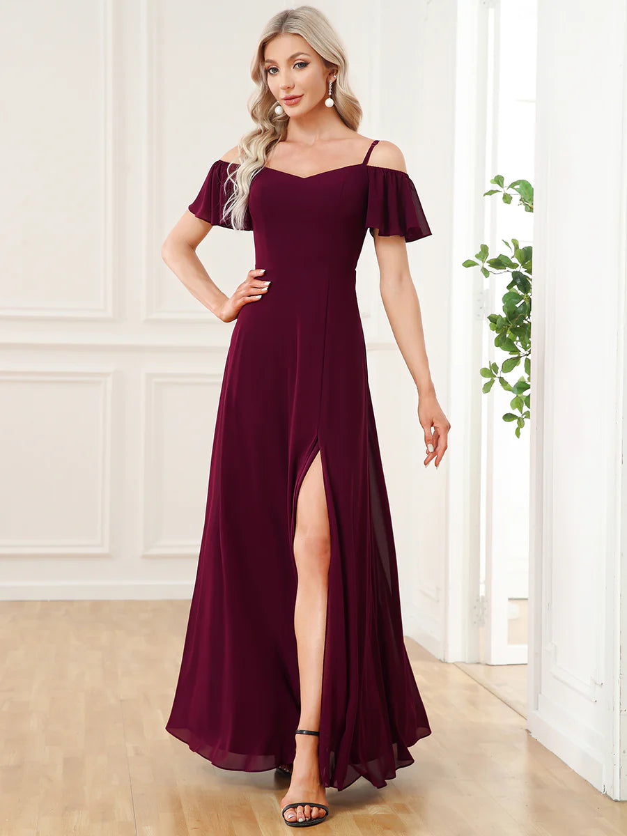 Wholesale High Split Chiffon Bridesmaid Dress With Spaghetti Straps