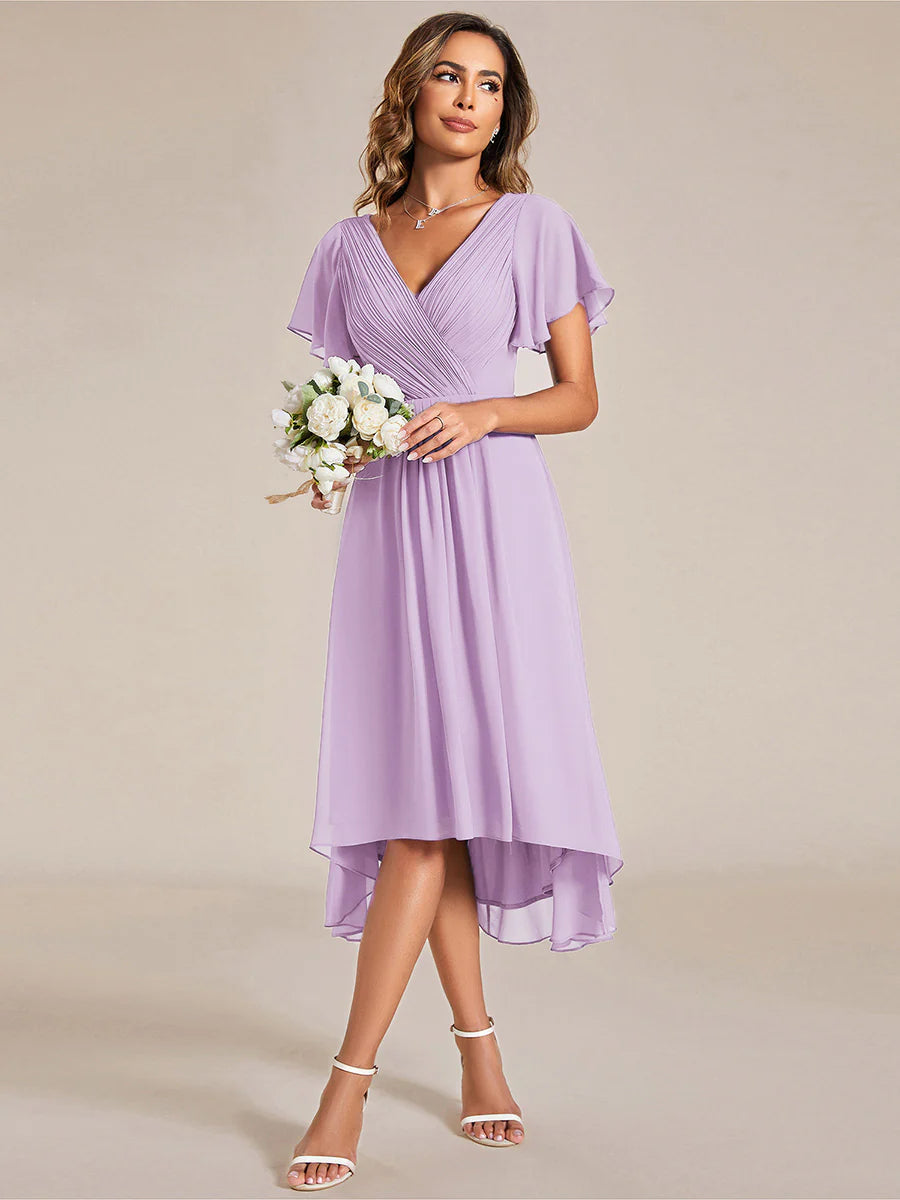 Industrial Use Short Sleeve Ruffle V-Neck Pleated A-Line High-Low Wedding Guest Dresses