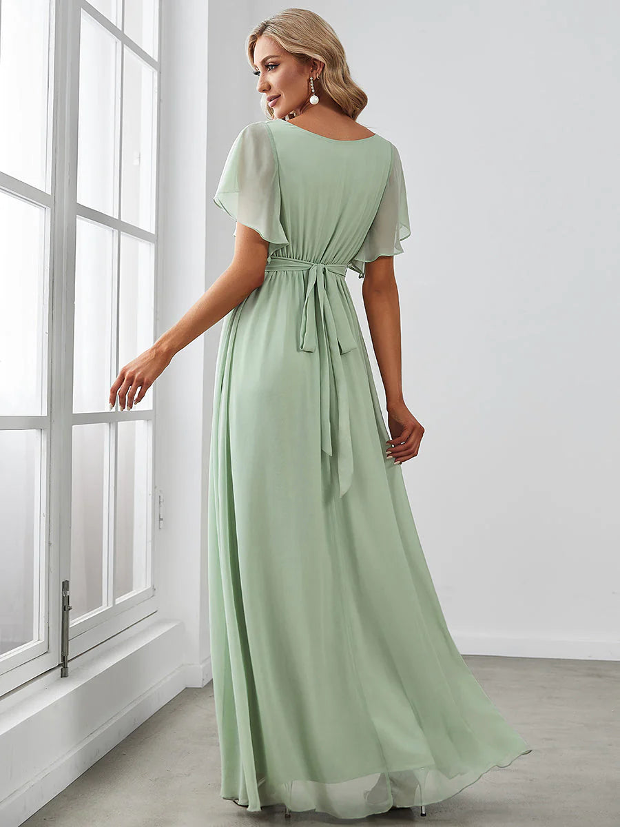 A Line Wholesale Evening Dresses with Deep V Neck Ruffles Sleeves