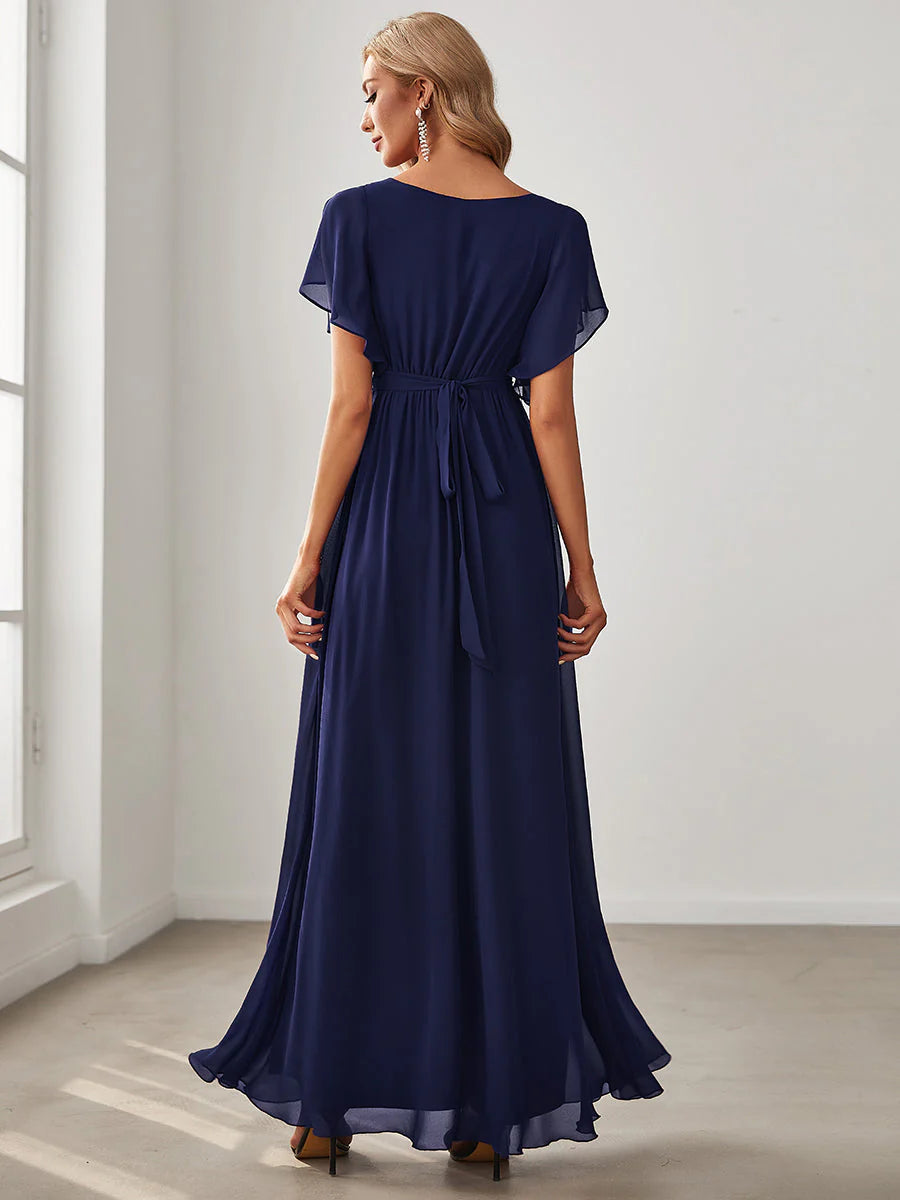 A Line Wholesale Evening Dresses with Deep V Neck Ruffles Sleeves