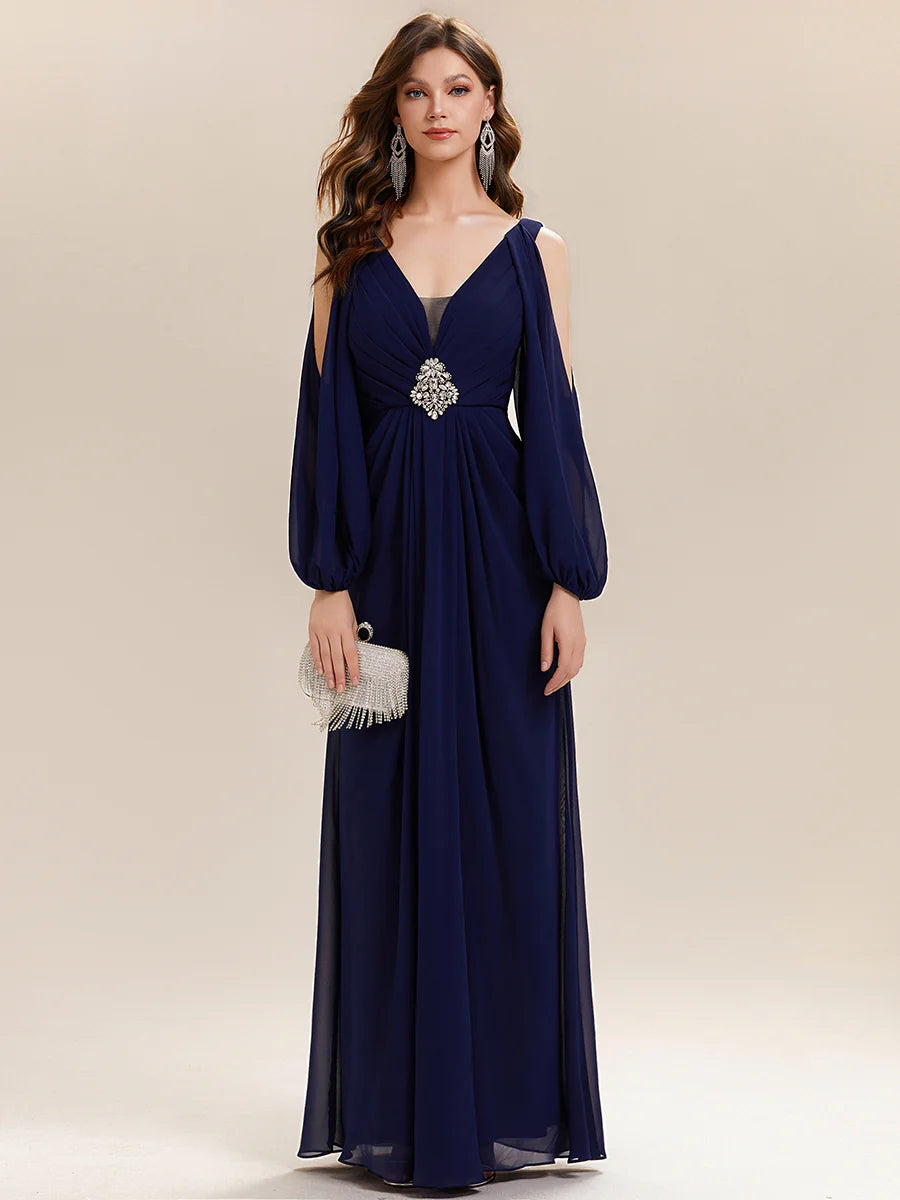 Volume Discounts Long Sleeve Lantern Sleeve A-Line Floor Length V-Neck Wedding Guest Dresses