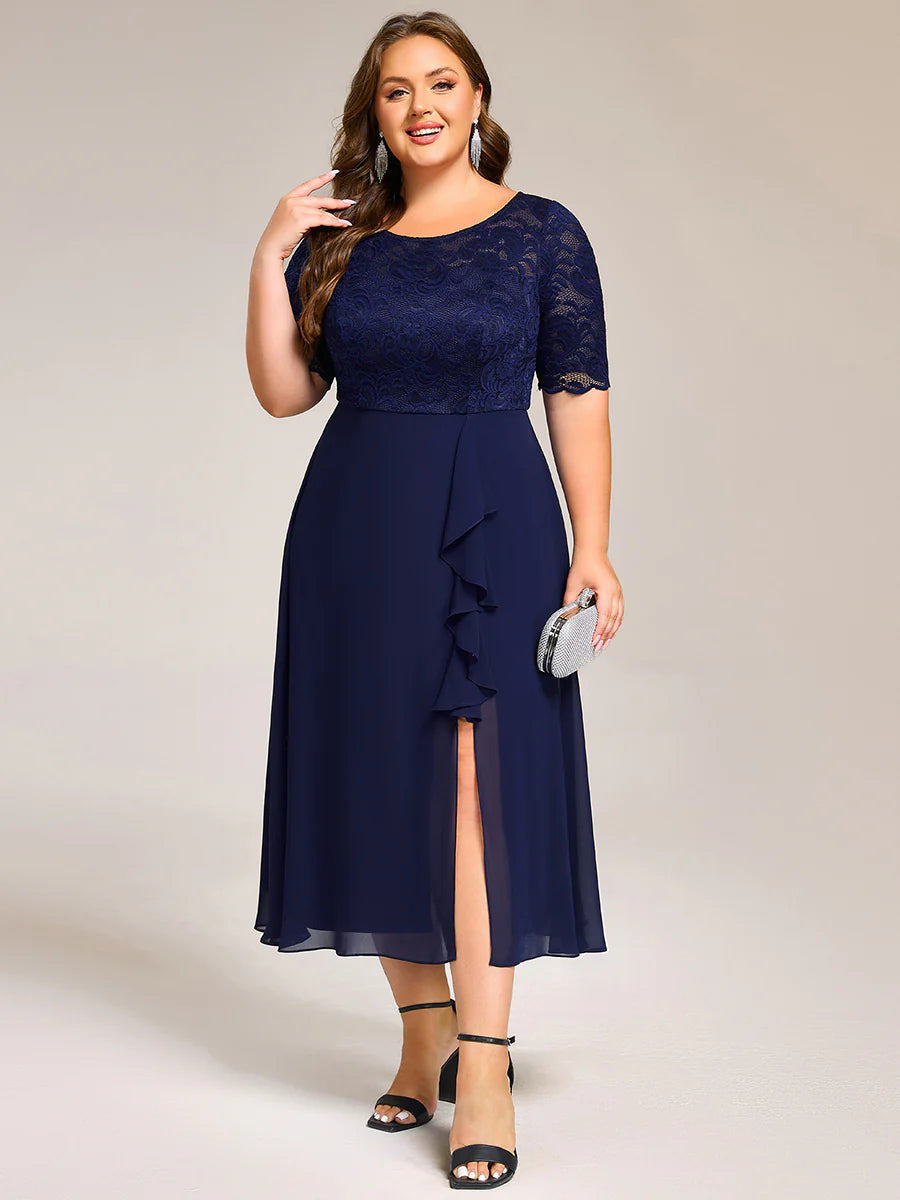 Plus Size Embroidery Split Nine-length Chiffon Evening Dresses