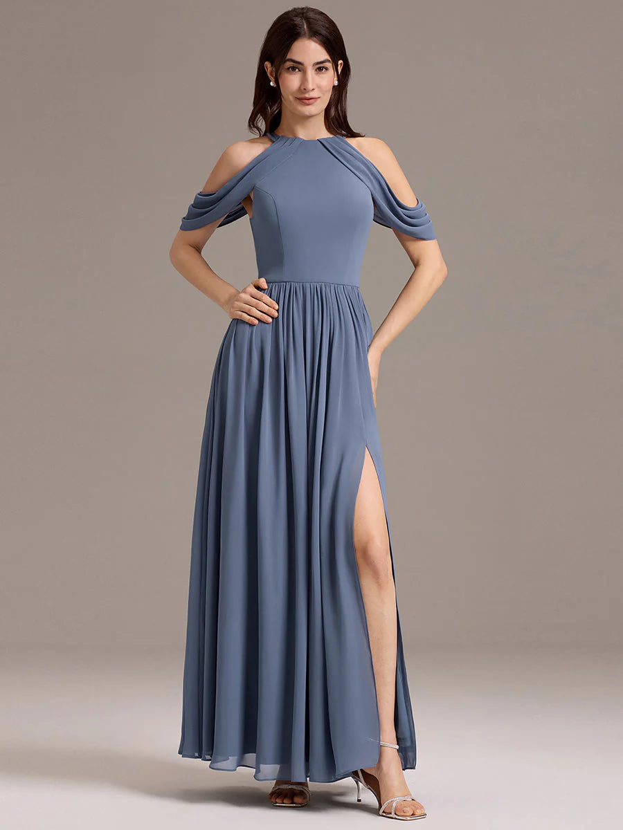 Mass Customization Sleeveless Cold Shoulder A-Line Floor Length Non-Stretch Bridesmaid Dresses