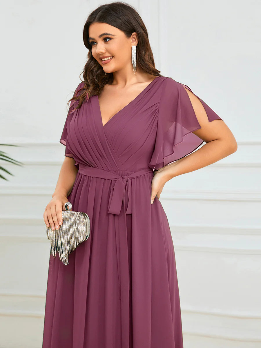 Short Sleeve Ruffle Deep V-Neck A-Line Floor Length Evening Dresses