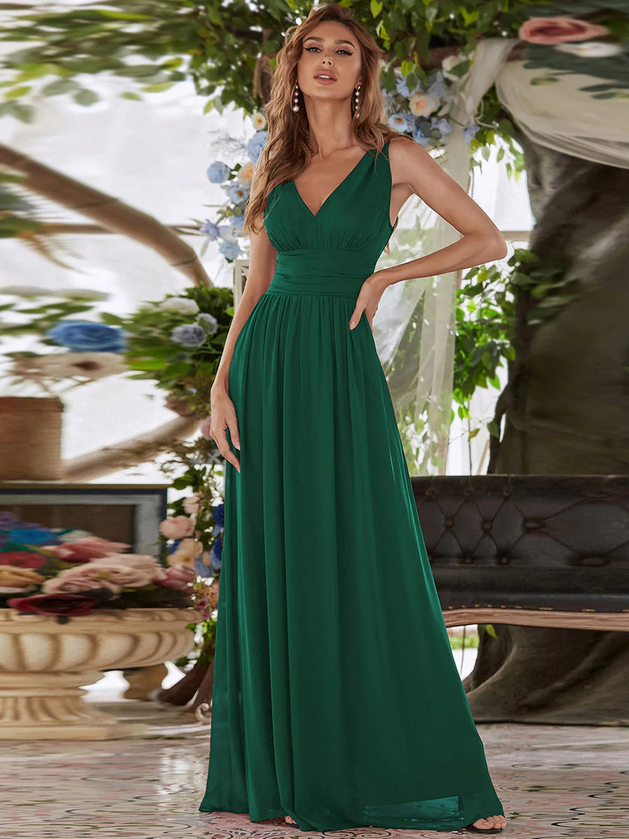 Elegant Double V-Neck Maxi Long Wholesale Bridesmaid Dresses