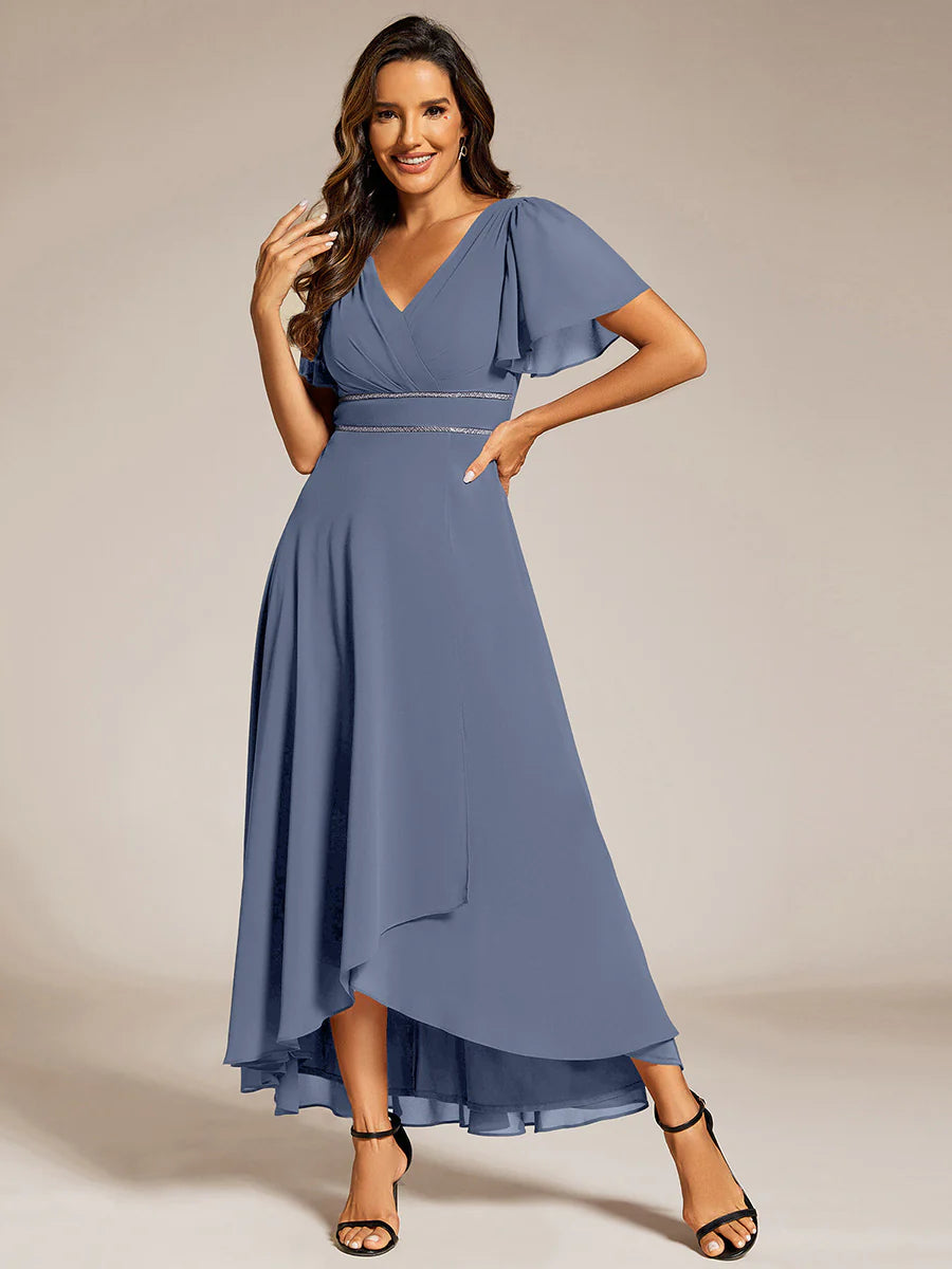 Elegant Asymmetrical A-Line Skirt Nine-Length Chiffon Dresses with Ruffles Sleeves