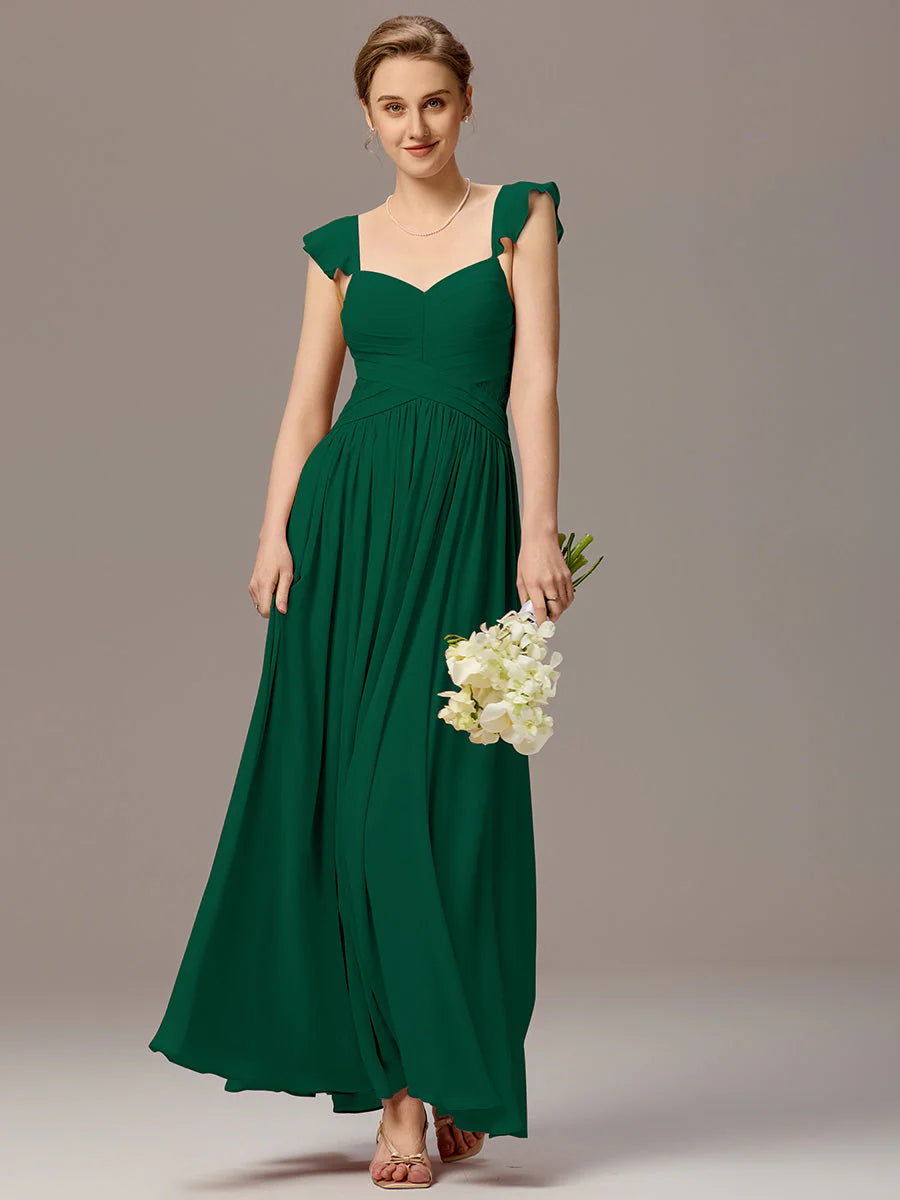 Wholesale Custom Made Back-Tie Pleated Ruffles Sleeves Bridesmaid Dress