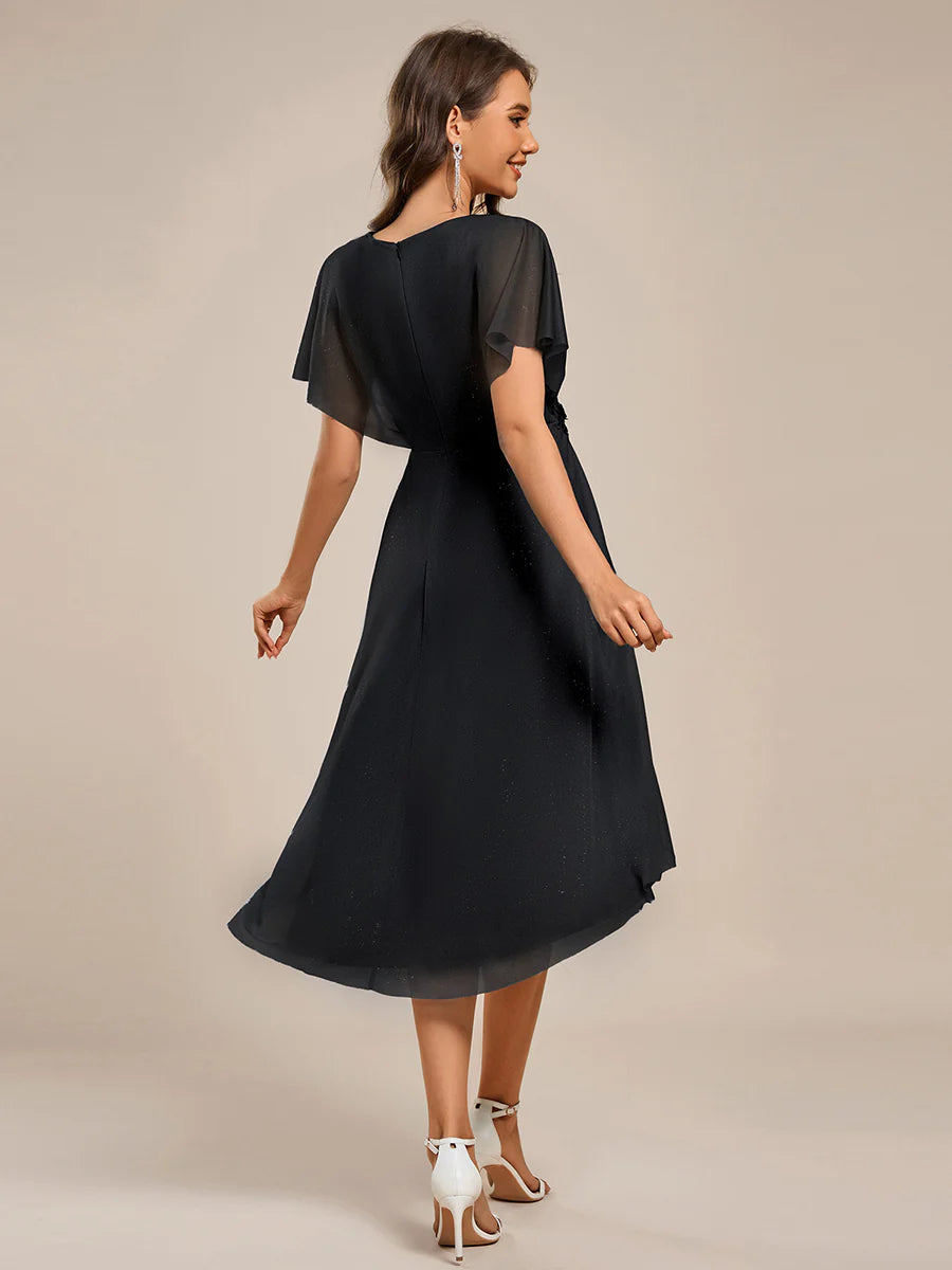 Shimmer Bat-wing Sleeve Asymmetrical Hem Wedding Guest Dresses