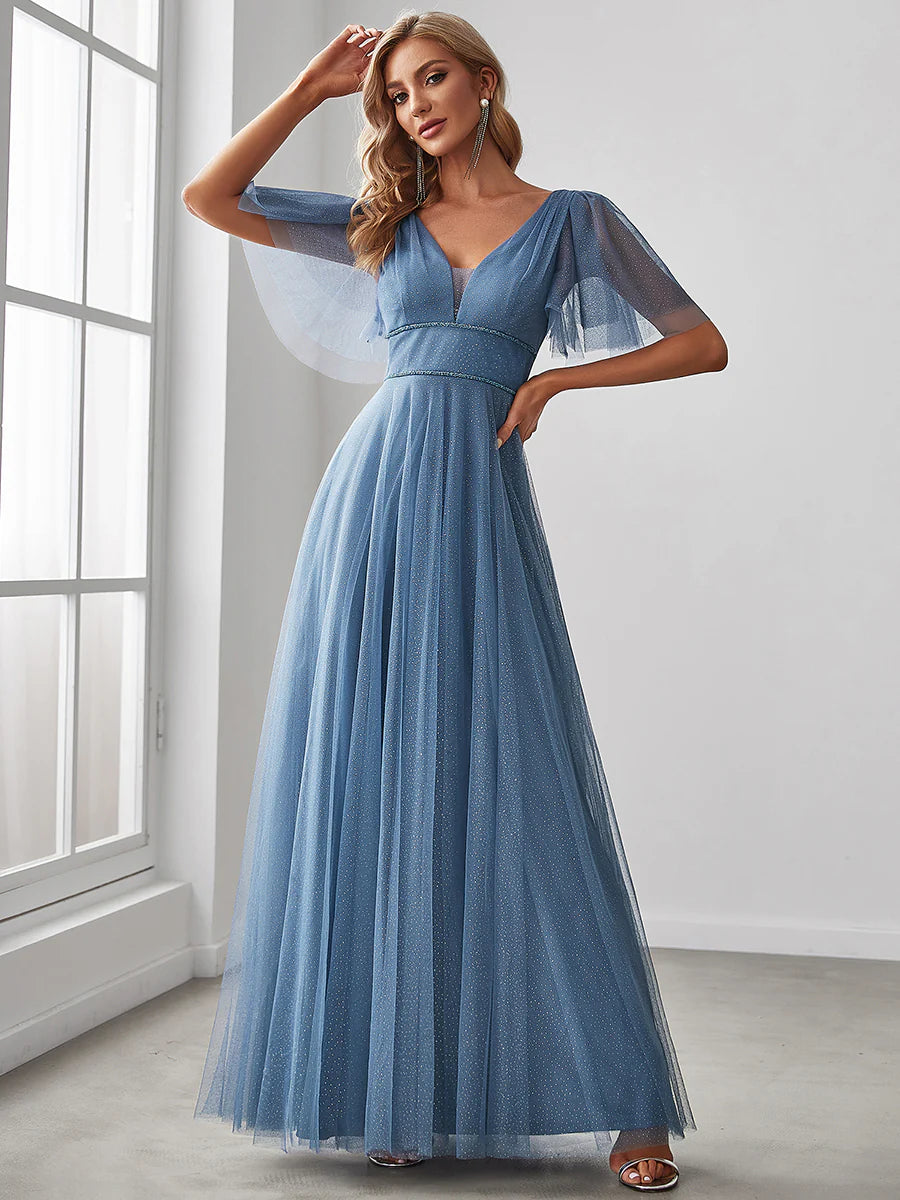 Wholesale Long Deep V Neck Maxi A-Line Tulle Evening Dress