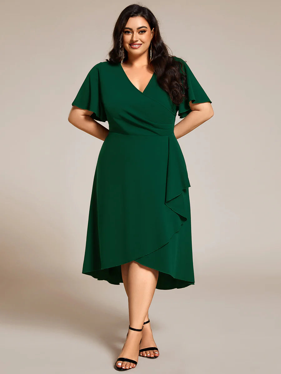 Plus Size Elegant Midi Length ruffles sleeve Twisted Wedding Guest Dresses with Regular Fold Stream