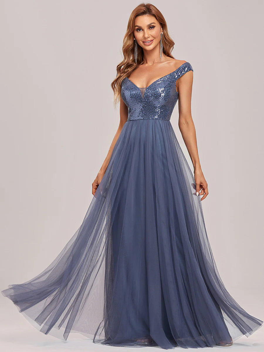 Wholesale Off Shoulder Tulle & Sequin Sleeveless Evening Dress