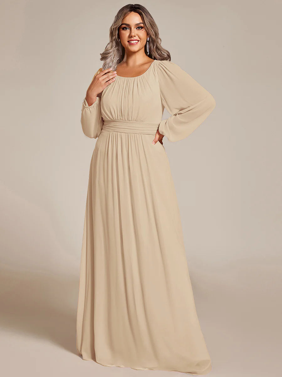 Plus Size Round Neck Wholesale Bridesmaid Dresses with Long Lantern Sleeves