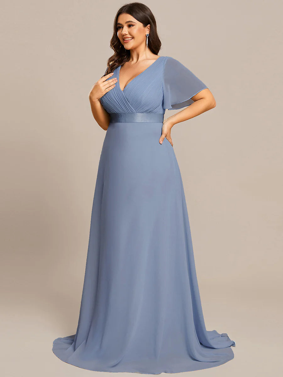 Double V-Neck Ruffles Padded Plus Size Wholesale Evening Dresses