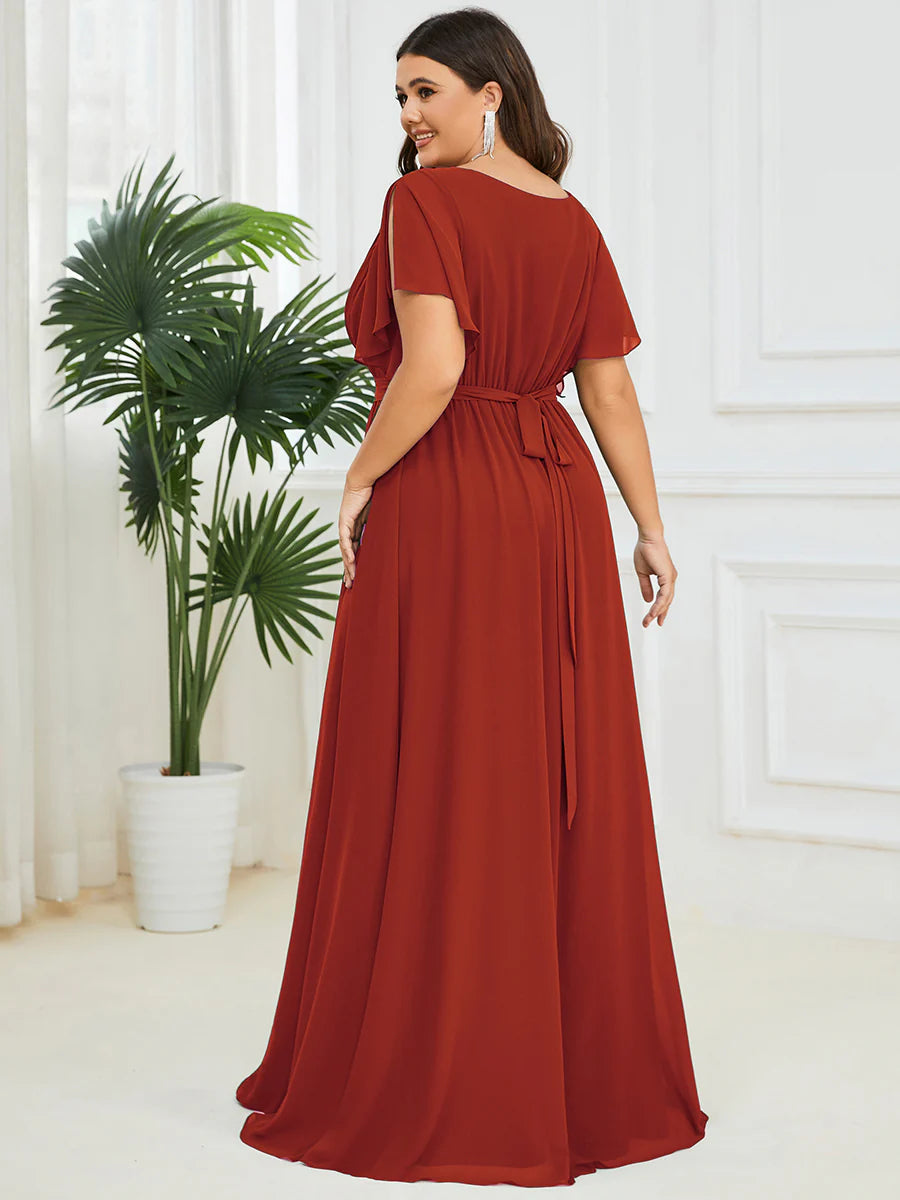 Short Sleeve Ruffle Deep V-Neck A-Line Floor Length Evening Dresses