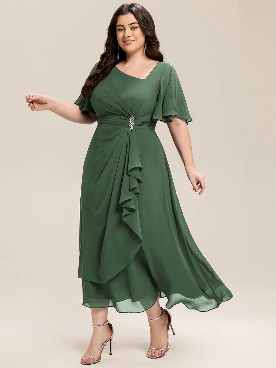 Plus Size Short Sleeve Ruffle Asymmetrical A-Line Midi Evening Dresses