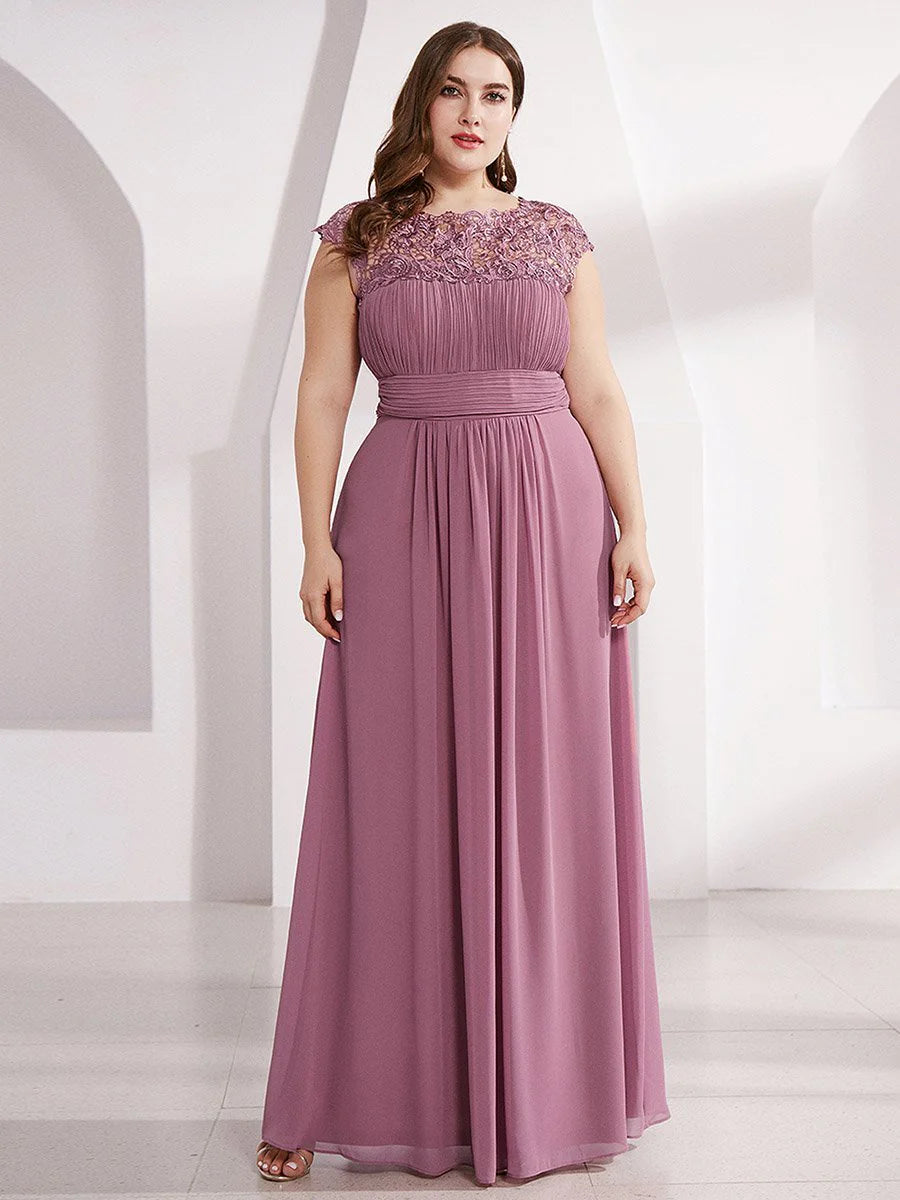 Lacey Neckline Open Back Ruched Bust Plus Size Evening Dresses