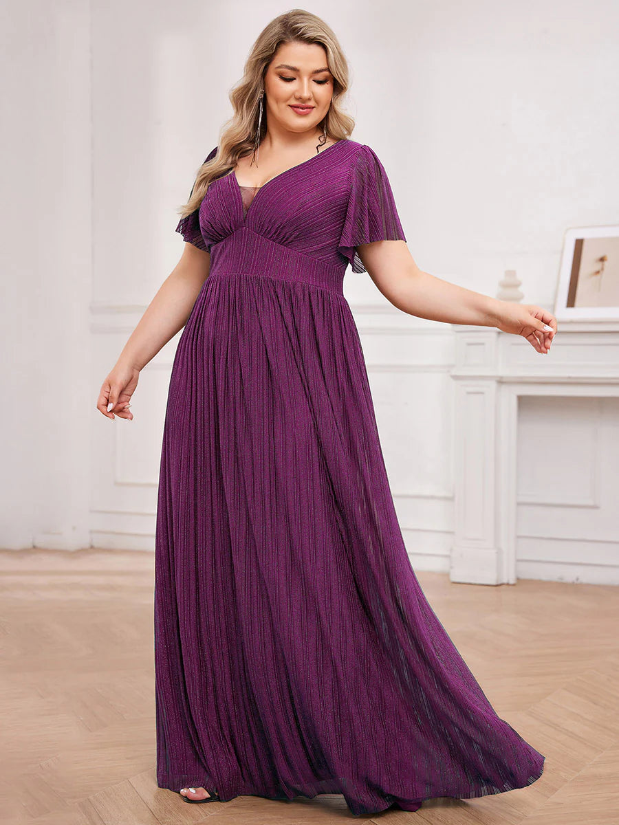 Plus Size Elegant See-Through Deep V Neck Floor Length Short Ruffles Sleeves Sequin Evening Dresses