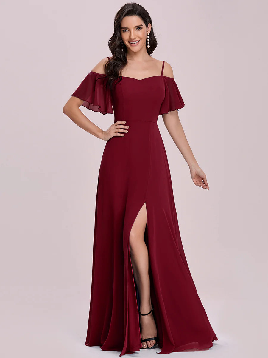 Wholesale High Split Chiffon Bridesmaid Dress With Spaghetti Straps
