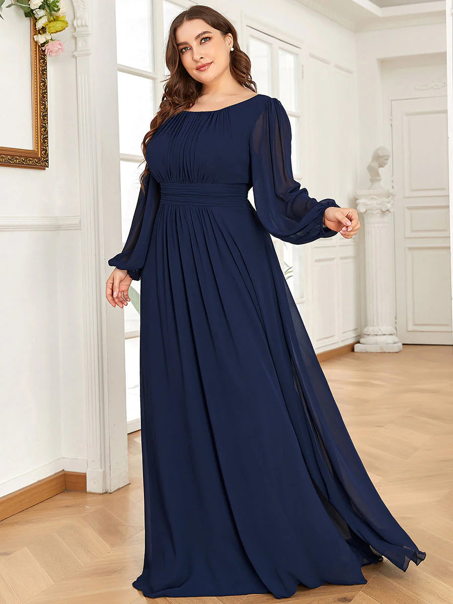 Plus Size Round Neck Wholesale Bridesmaid Dresses with Long Lantern Sleeves