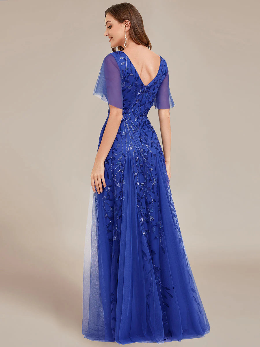 Romantic Shimmery V Neck Ruffle Sleeves Maxi Long Evening Gowns