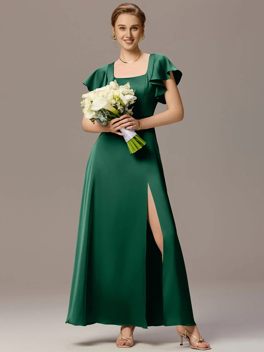 Customized Satin Square Neck Short Sleeve Ruffled Maxi Bridesmaid Dress with Pockets