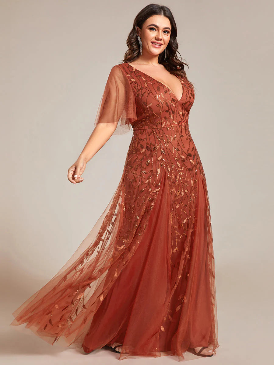 Plus Size Deep V Neck Wholesale Sequin Evening Gown With Short Sleeves