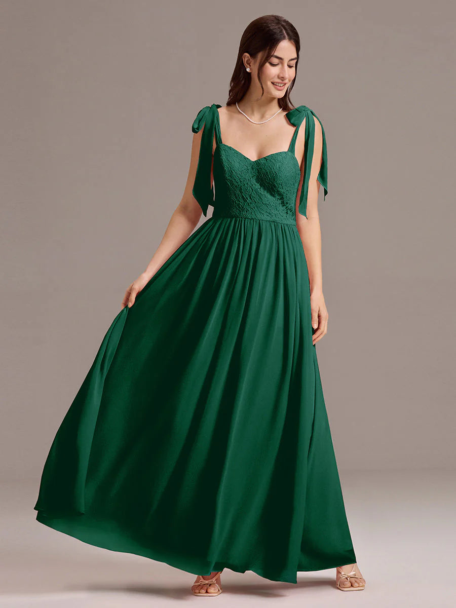 Chiffon Sweetheart Neck Bow Tie Backless A-Line Lace Bridesmaid Dress