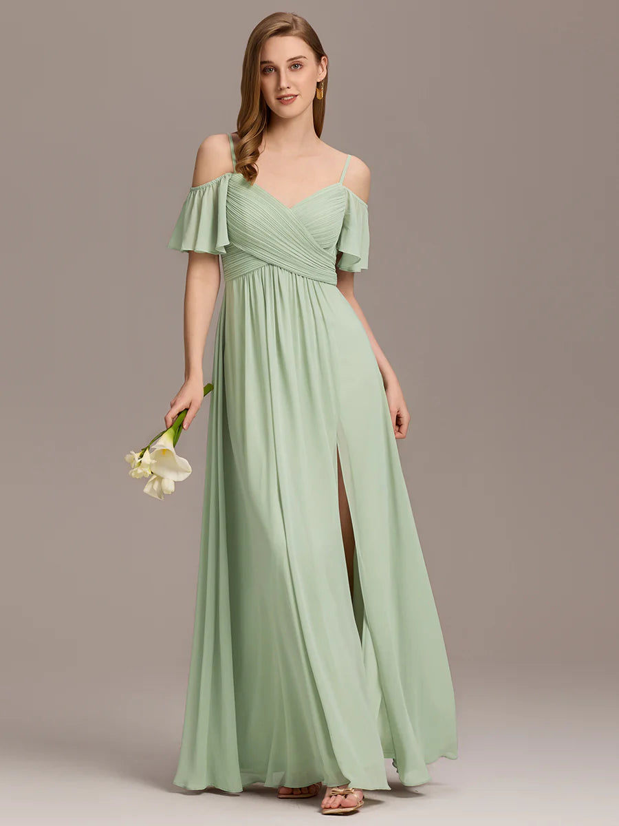 Short Sleeve Off Shoulder Pleated A-Line Split Floor-Length Bridesmaid Dresses