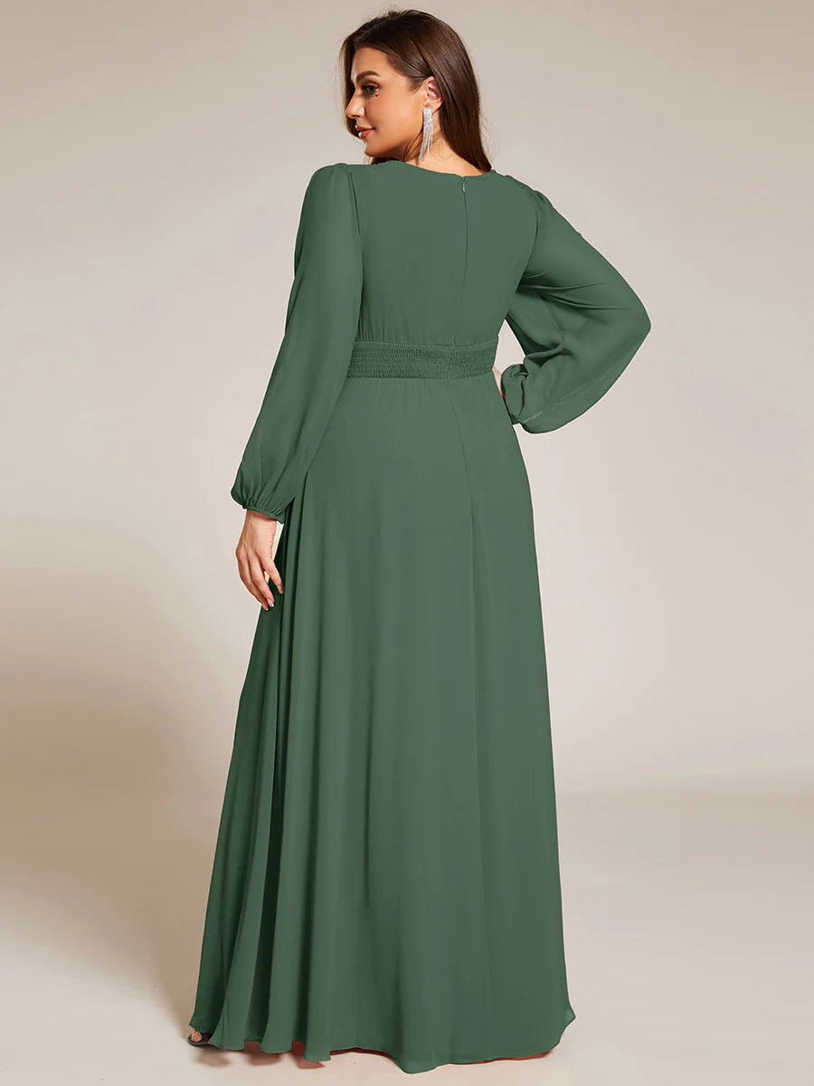 Plus Size Round Neck Wholesale Bridesmaid Dresses with Long Lantern Sleeves