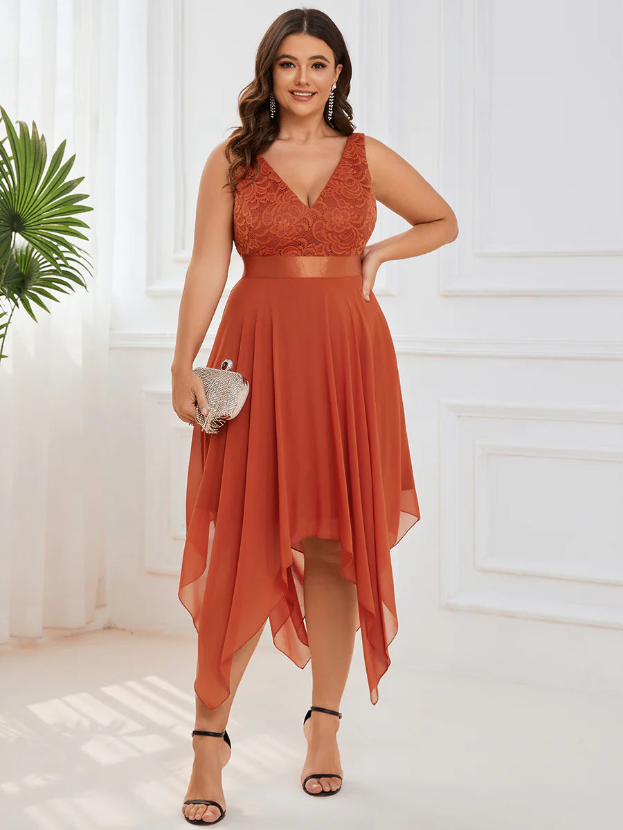 Plus Size Deep V Neck Asymmetrical Hem Sleeveless Wholesale Dresses