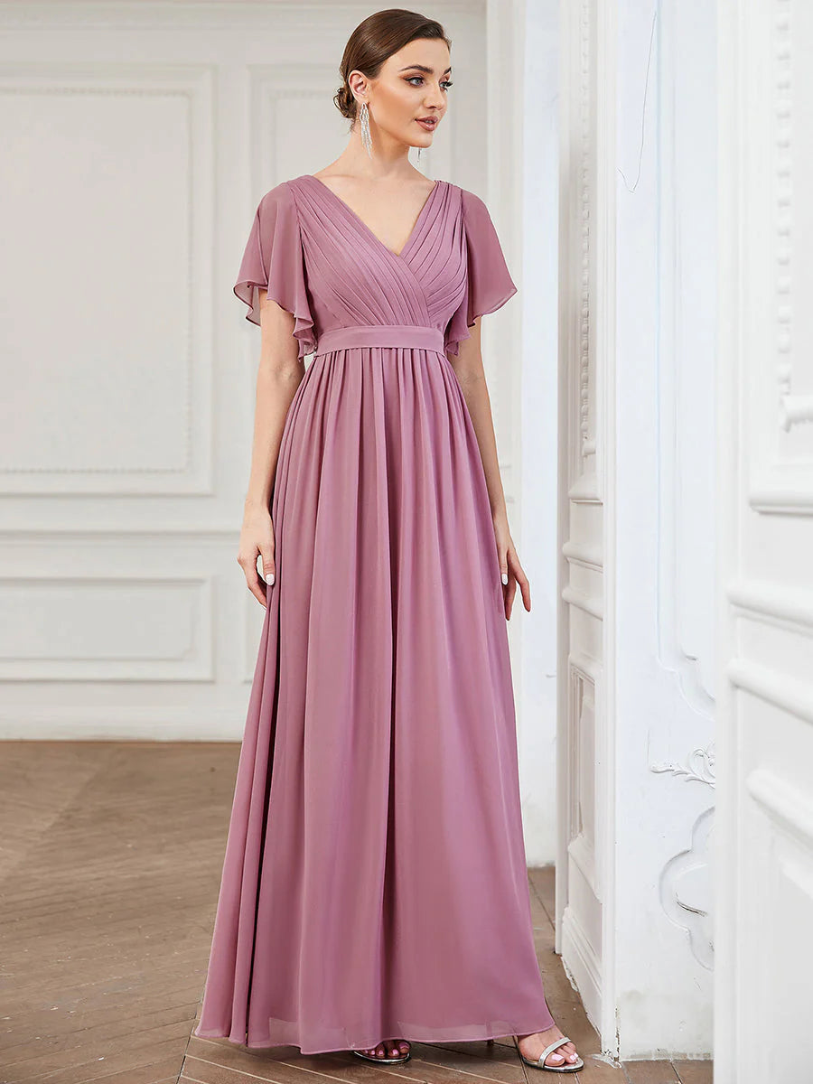 A Line Wholesale Evening Dresses with Deep V Neck Ruffles Sleeves