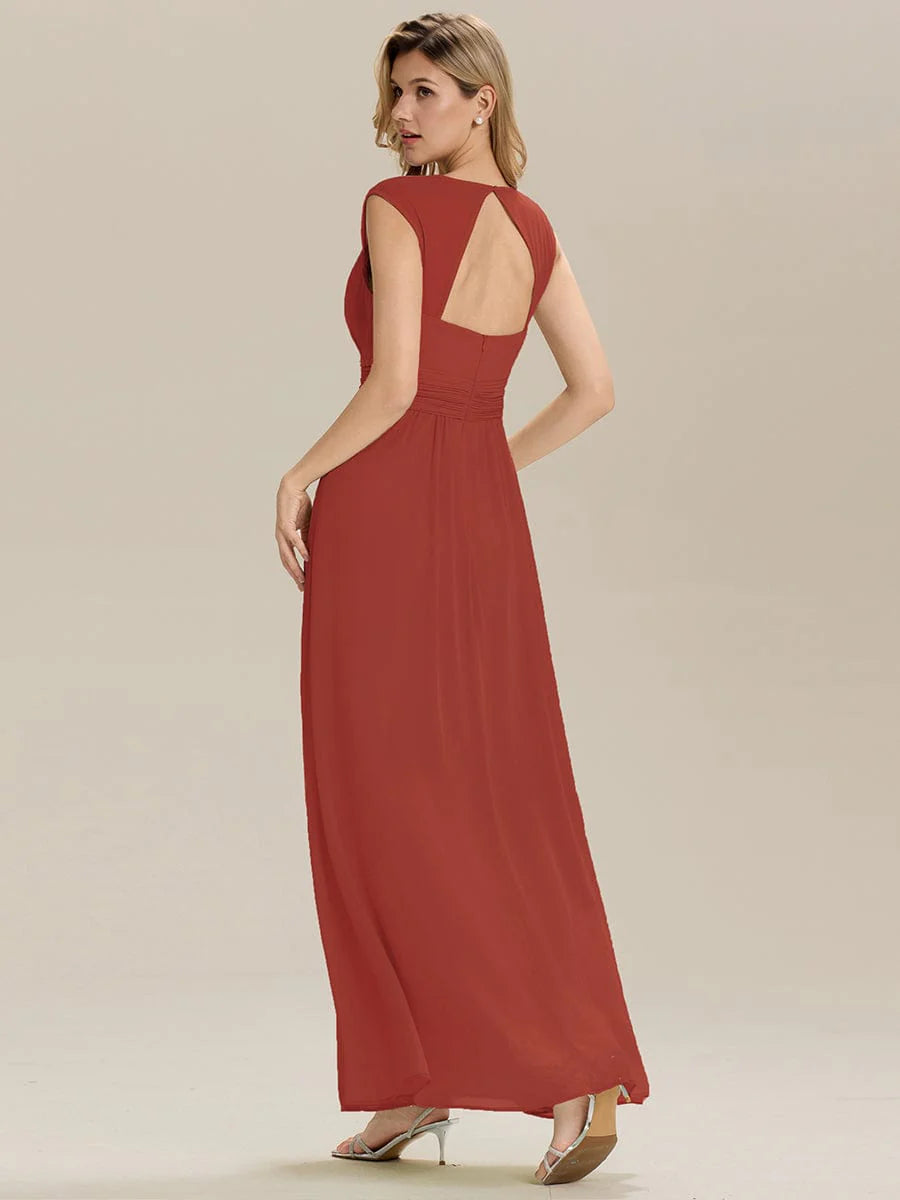 Custom Made Sleeveless Pleated Deep V-Neck A-Line Floor Length Dress; Bridesmaid Dresses