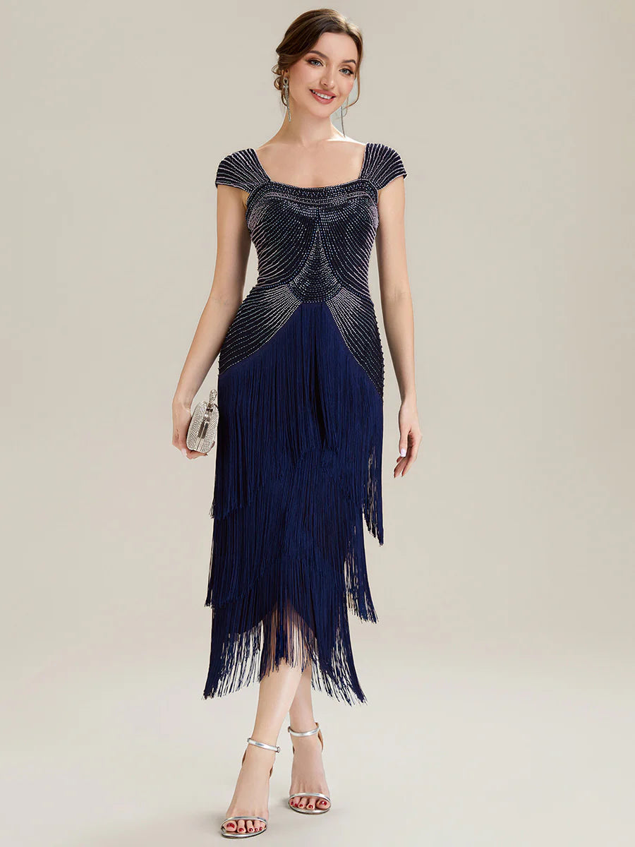 Volume Discounts Strapless Sheath Midi Length Square Neck Beaded Wedding Guest Dress