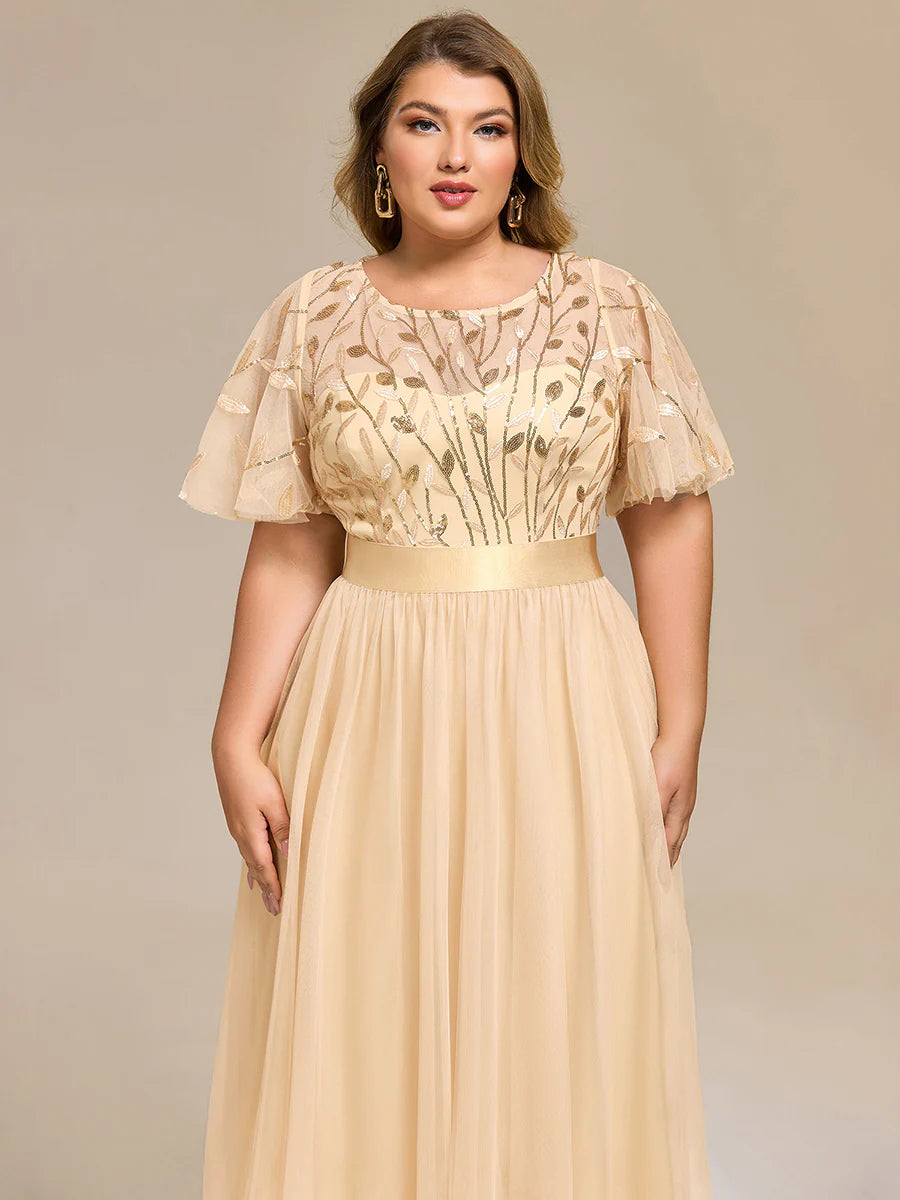 Bulk Order | Plus Size Fit A-Line Deep V-Neck Evening Gown | Ruffled Short Sleeve Midi Dress