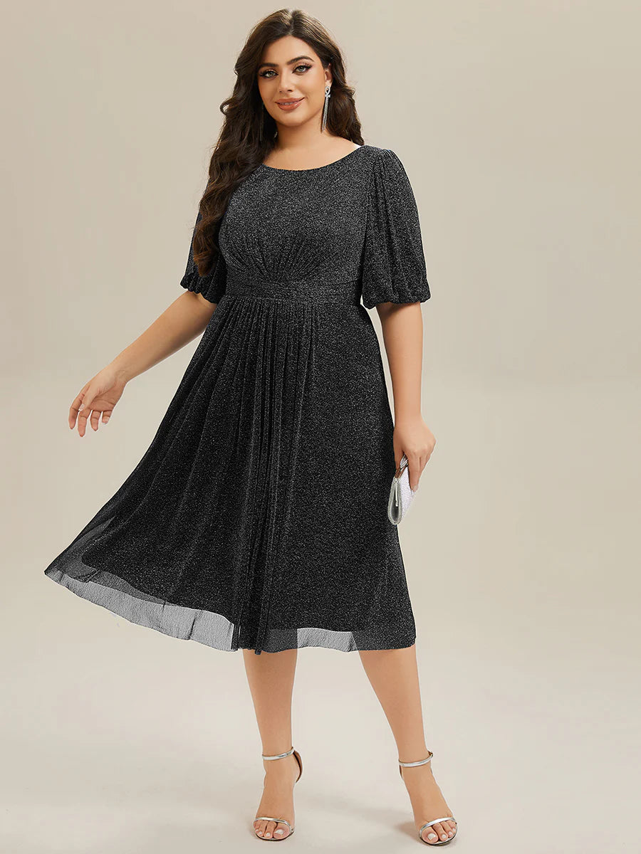 Half Sleeve Gathered A-Line Midi Length Wedding Guest Dresses
