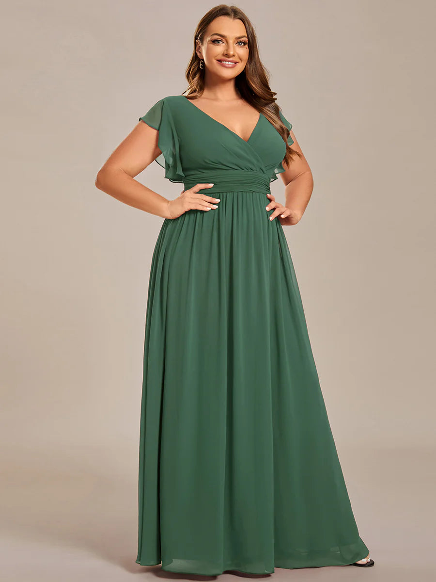 Plus V Neck Pleated Belted Ruffles Wholesale Bridesmaid Dresses