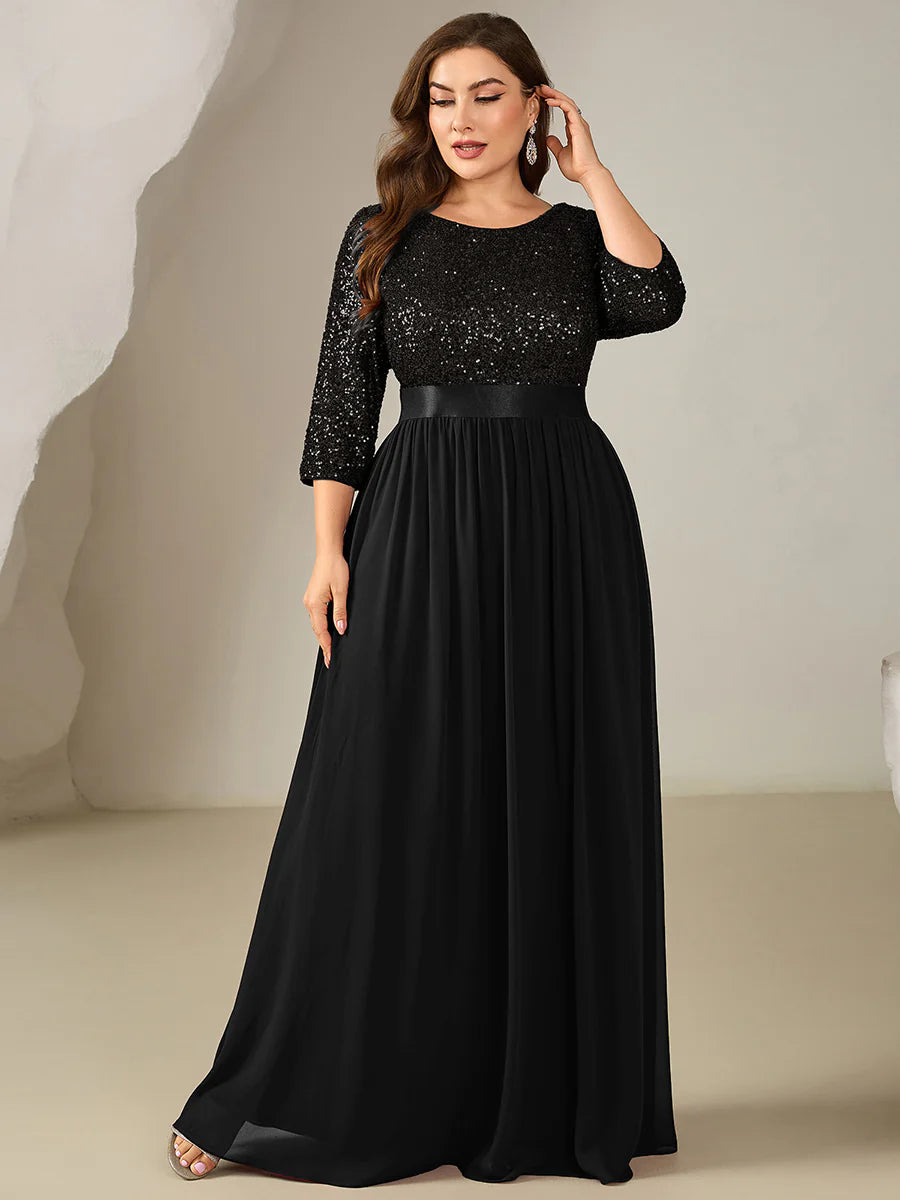 3/4 Sleeve Sequin Patchwork A-Line Floor Length Evening Dresses