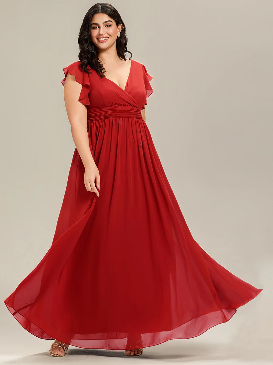 Plus V Neck Pleated Belted Ruffles Wholesale Bridesmaid Dresses