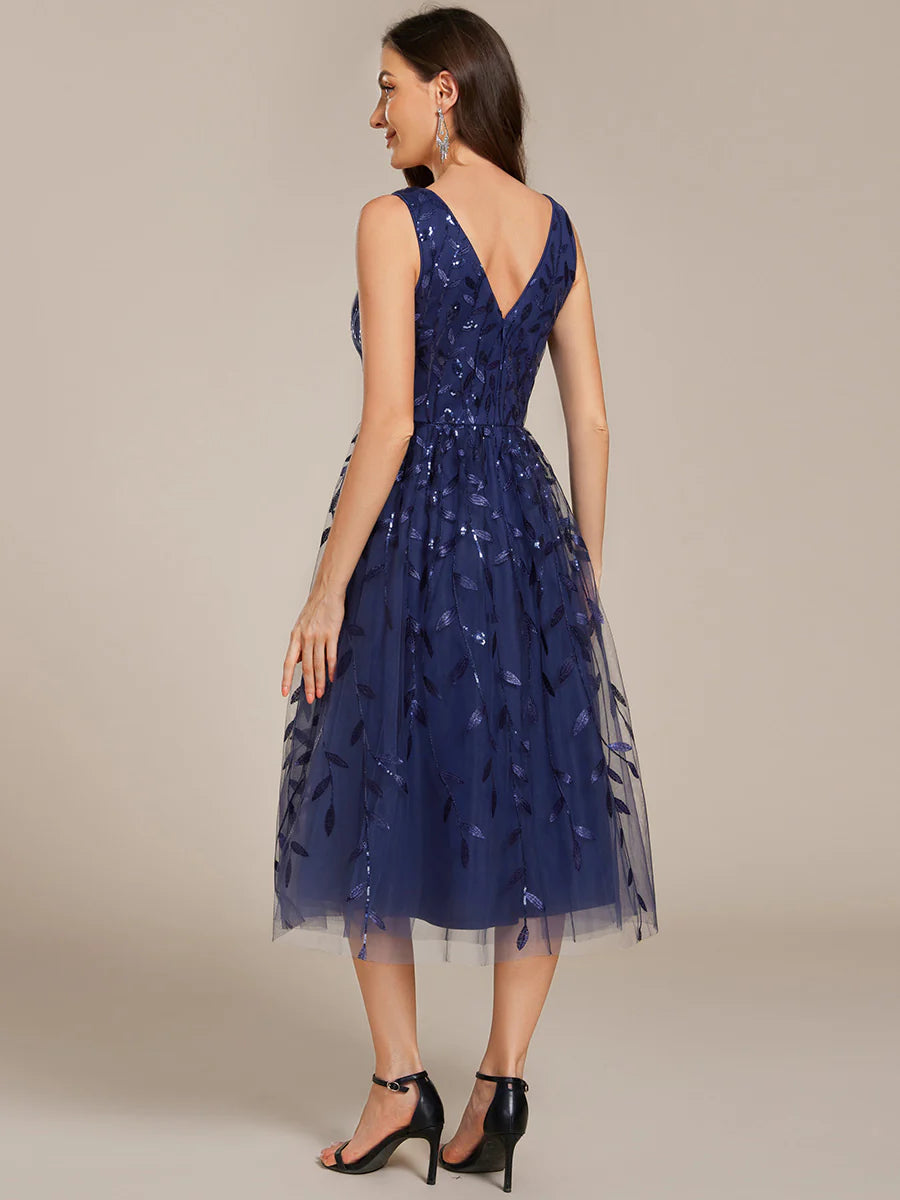 V-Neck Sequin Midi Wedding Guest Dress With Sleeveless